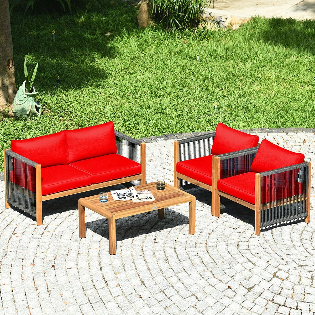 4 Piece Acacia Wood Patio Conversation Set, Rope Sided Loveseat, 2 Armchairs and a 40 in Slatted Coffee Table, Red Cushions