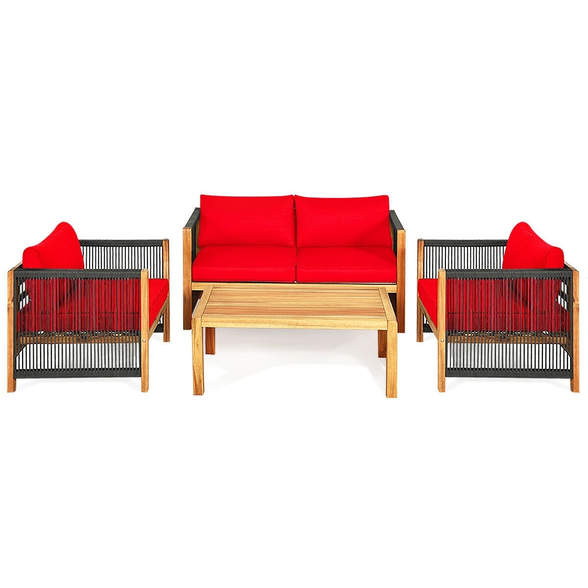 4 Piece Acacia Wood Patio Conversation Set, Rope Sided Loveseat, 2 Armchairs and a 40 in Slatted Coffee Table, Red Cushions