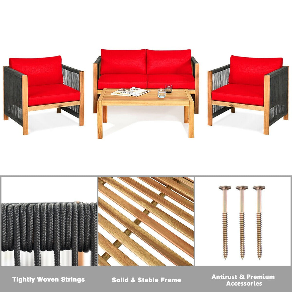 4 Piece Acacia Wood Patio Conversation Set, Rope Sided Loveseat, 2 Armchairs and a 40 in Slatted Coffee Table, Red Cushions