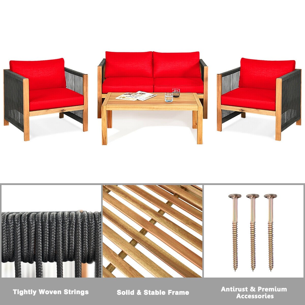 4 Piece Acacia Wood Patio Conversation Set, Rope Sided Loveseat, 2 Armchairs and a 40 in Slatted Coffee Table, Red Cushions