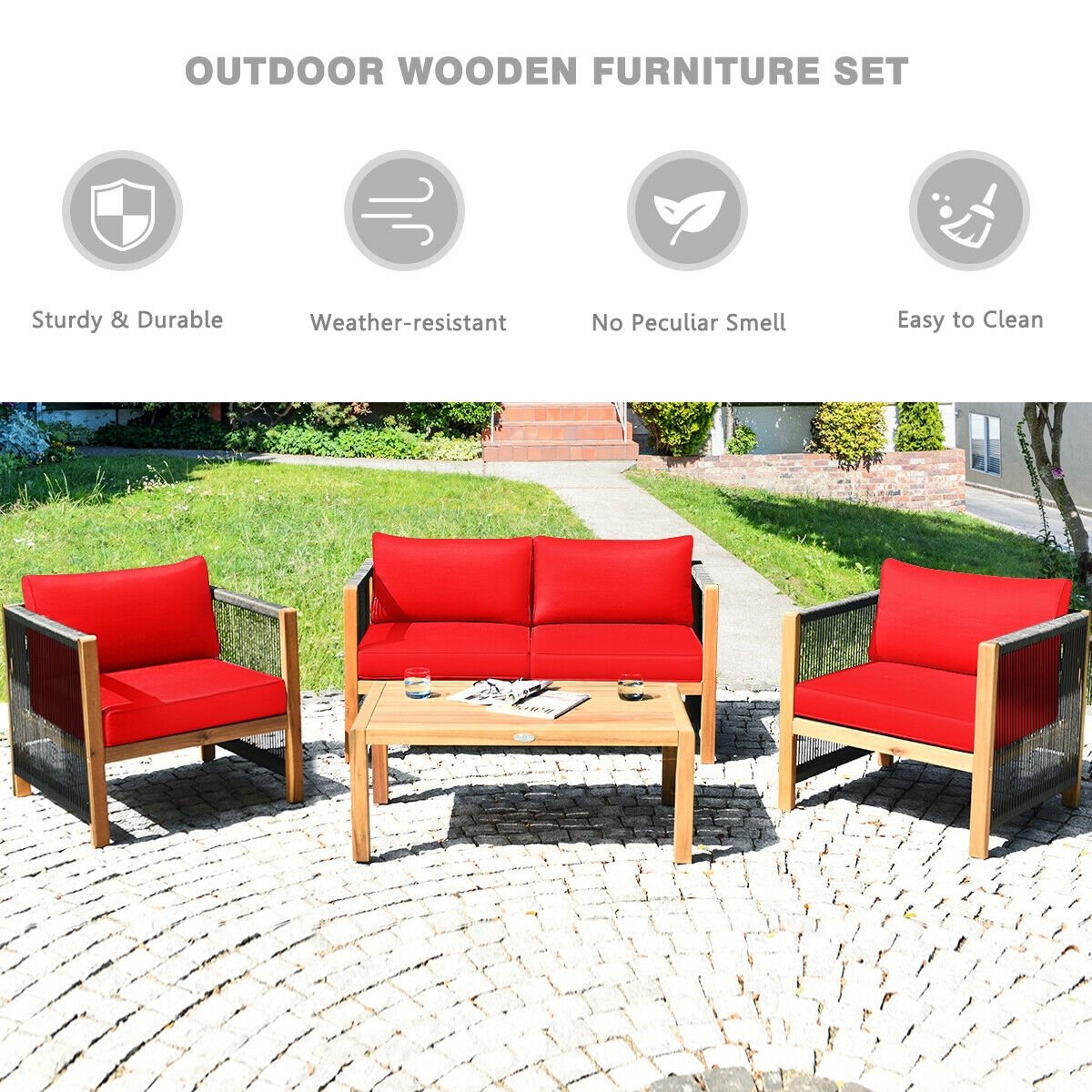 4 Piece Acacia Wood Patio Conversation Set, Rope Sided Loveseat, 2 Armchairs and a 40 in Slatted Coffee Table, Red Cushions