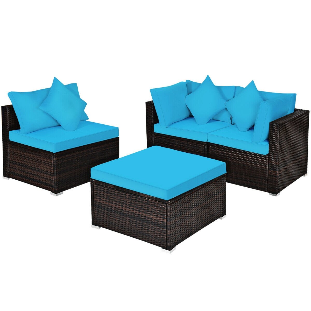 4 Piece Rattan Patio Sectional Sofa Set, Corner and Armless Seats with Convertible Ottoman, Turquoise