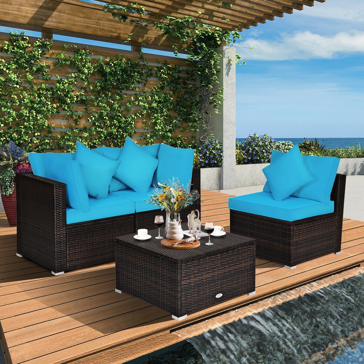 4 Piece Rattan Patio Sectional Sofa Set, Corner and Armless Seats with Convertible Ottoman, Turquoise