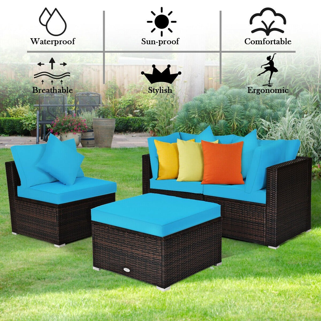 4 Piece Rattan Patio Sectional Sofa Set, Corner and Armless Seats with Convertible Ottoman, Turquoise