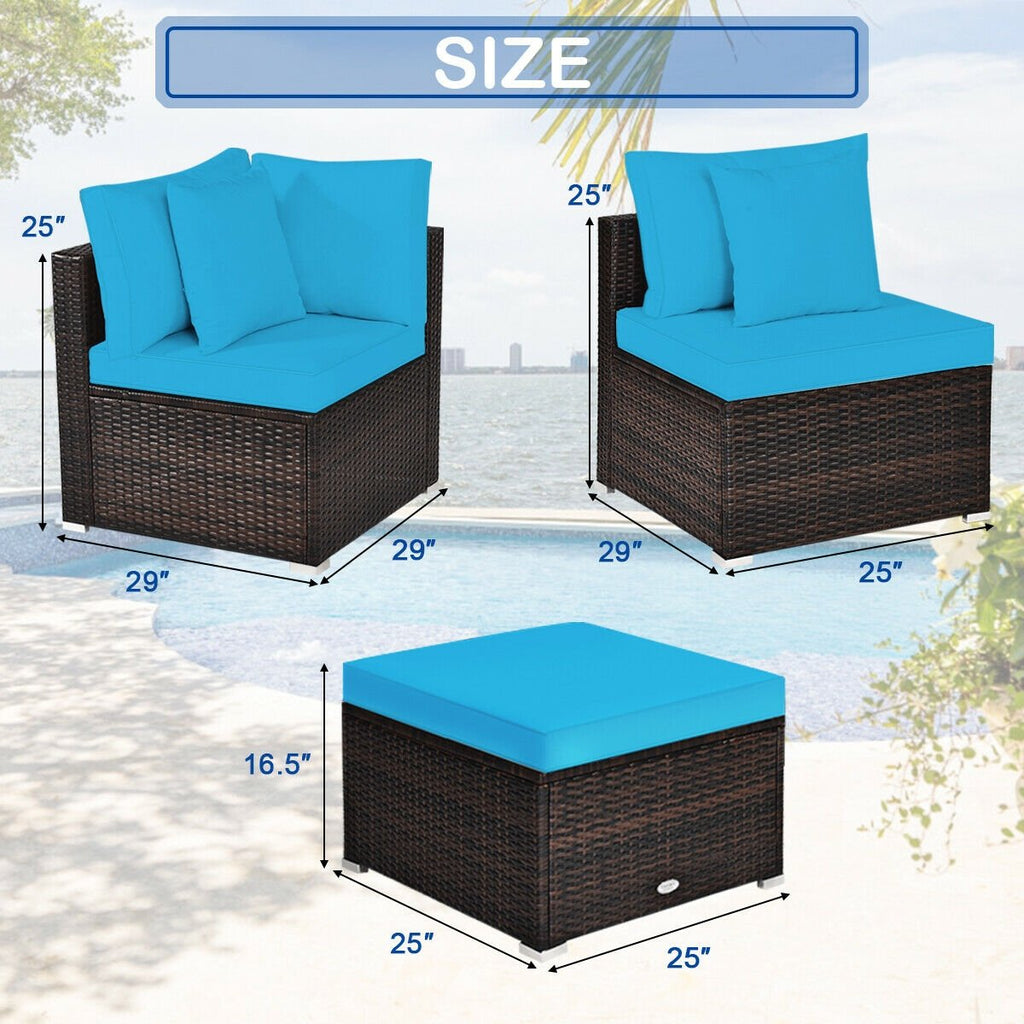 4 Piece Rattan Patio Sectional Sofa Set, Corner and Armless Seats with Convertible Ottoman, Turquoise