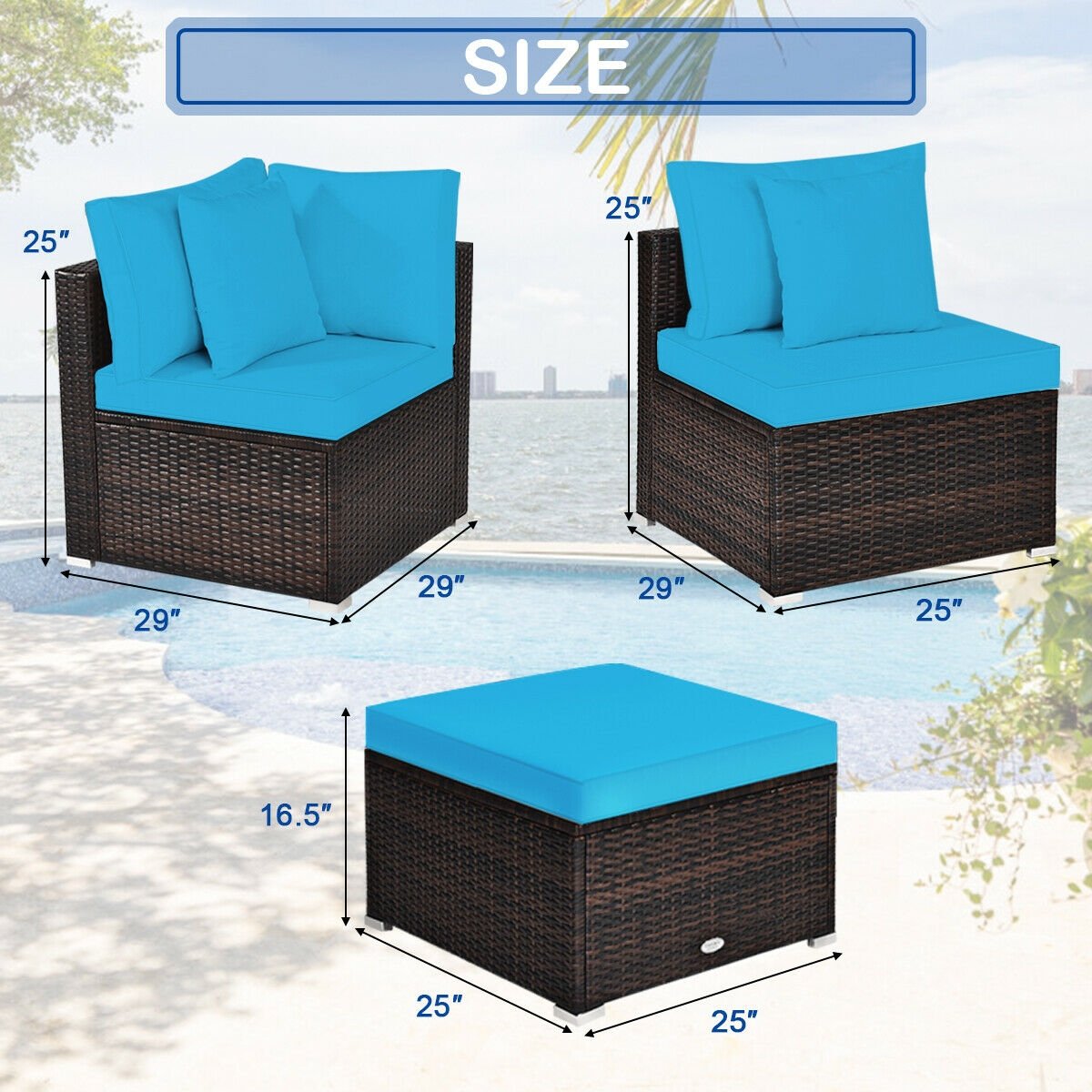 4 Piece Rattan Patio Sectional Sofa Set, Corner and Armless Seats with Convertible Ottoman, Turquoise