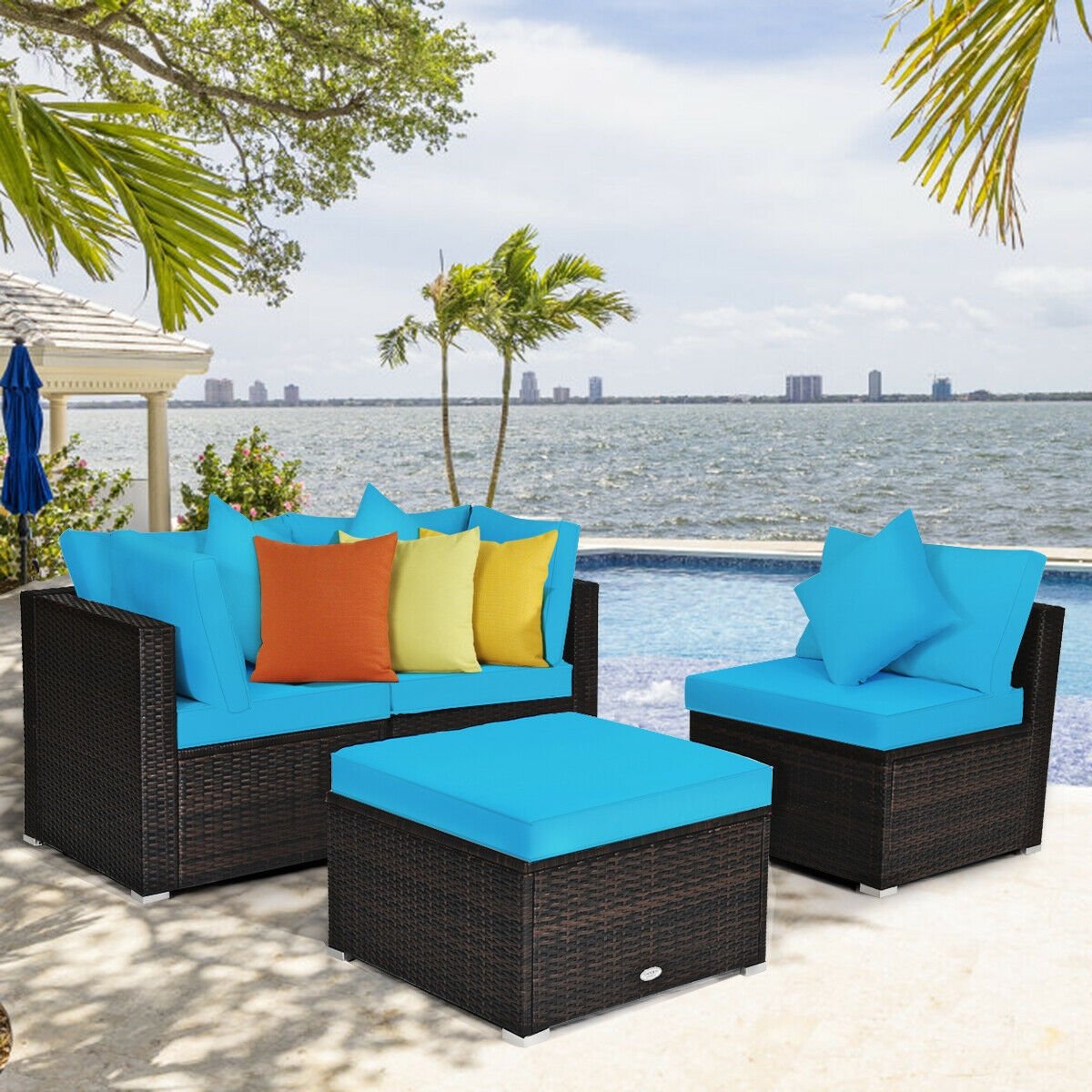 4 Piece Rattan Patio Sectional Sofa Set, Corner and Armless Seats with Convertible Ottoman, Turquoise