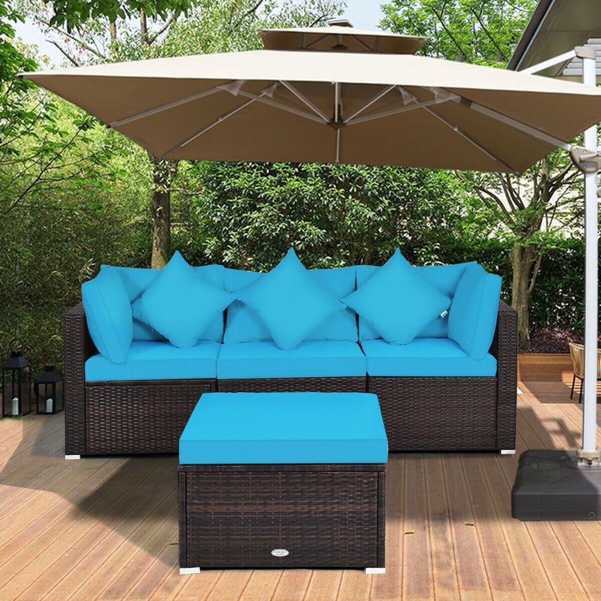 4 Piece Rattan Patio Sectional Sofa Set, Corner and Armless Seats with Convertible Ottoman, Turquoise