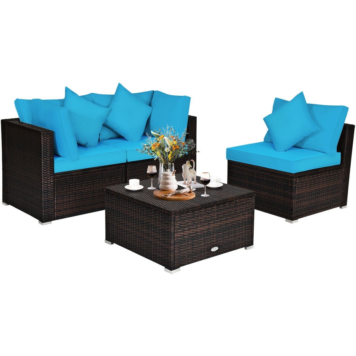 4 Piece Rattan Patio Sectional Sofa Set, Corner and Armless Seats with Convertible Ottoman, Turquoise