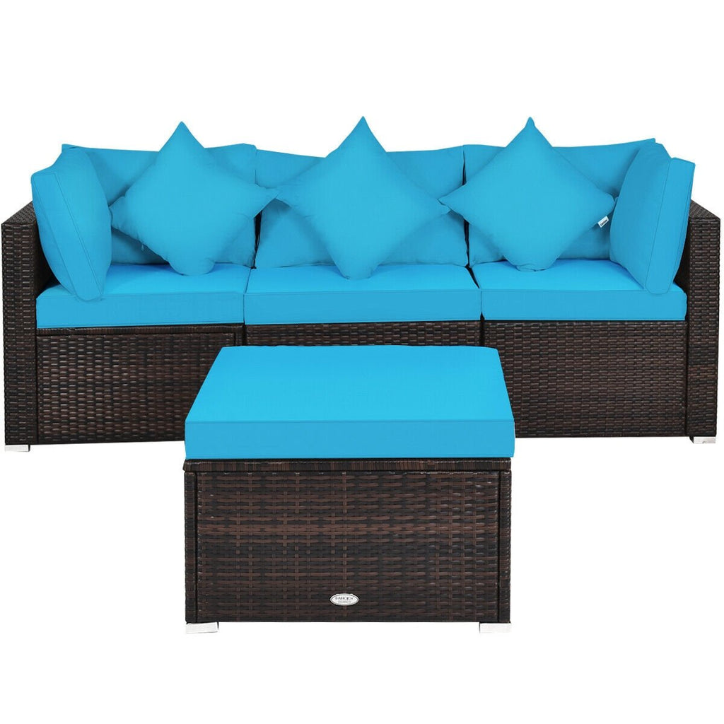 4 Piece Rattan Patio Sectional Sofa Set, Corner and Armless Seats with Convertible Ottoman, Turquoise