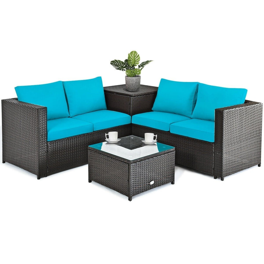 4 Piece Outdoor Rattan Set with Storage Corner Table, 2 Loveseats and Glass Coffee Table, Turquoise Cushions