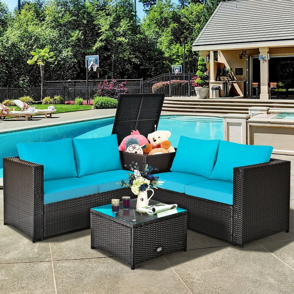 4 Piece Outdoor Rattan Set with Storage Corner Table, 2 Loveseats and Glass Coffee Table, Turquoise Cushions