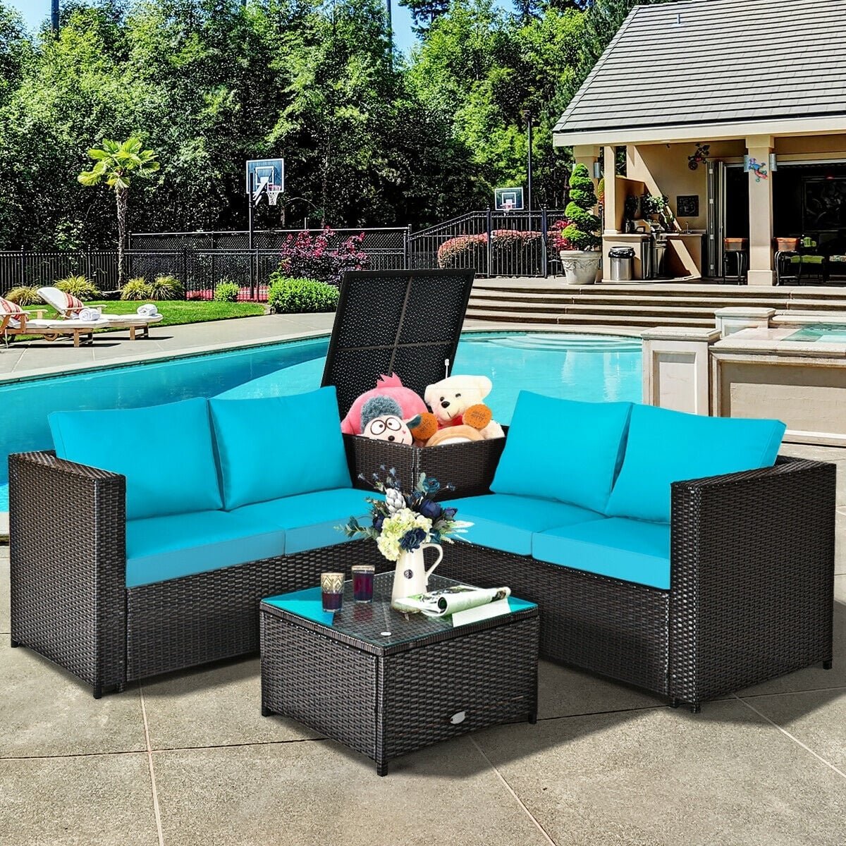 4 Piece Outdoor Rattan Set with Storage Corner Table, 2 Loveseats and Glass Coffee Table, Turquoise Cushions
