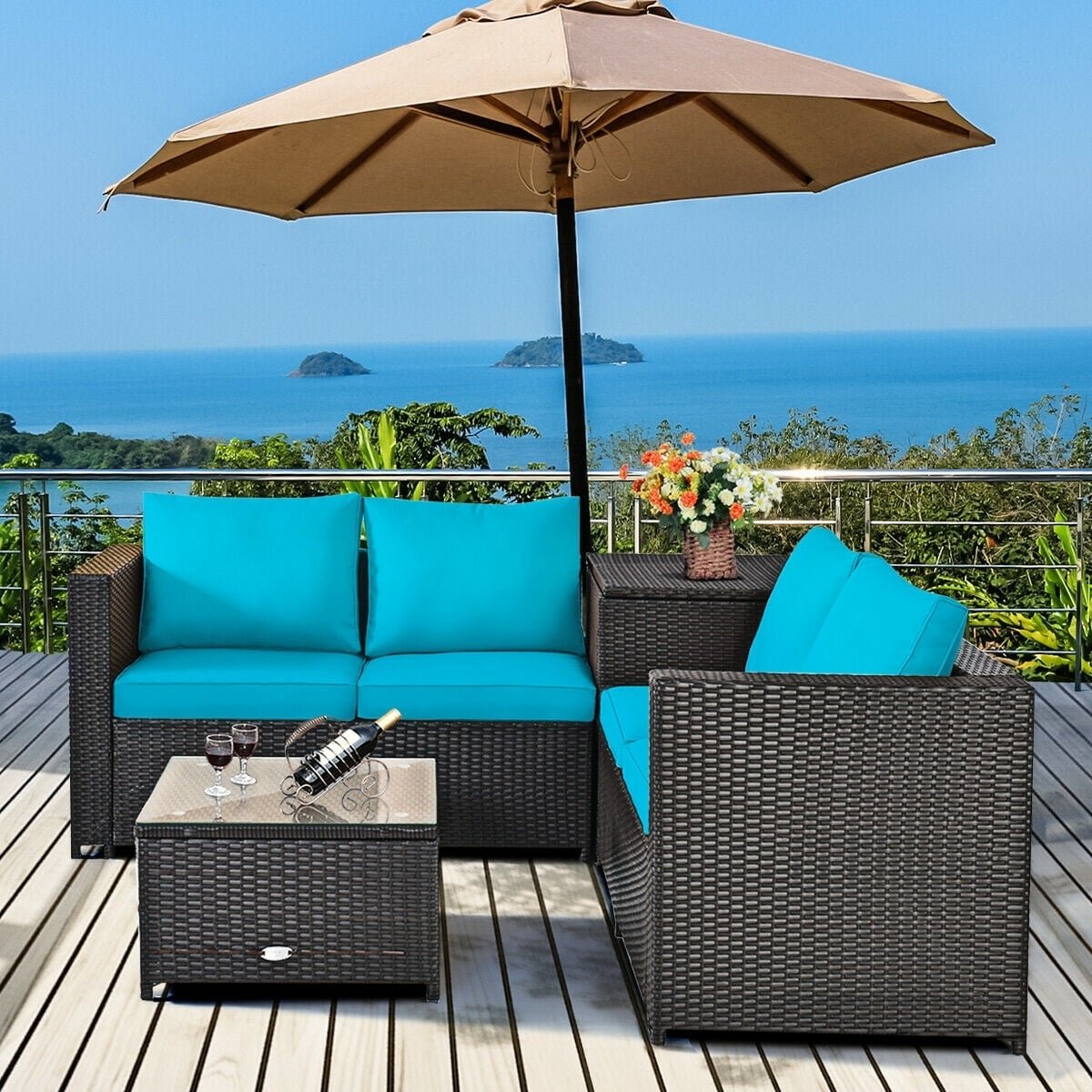 4 Piece Outdoor Rattan Set with Storage Corner Table, 2 Loveseats and Glass Coffee Table, Turquoise Cushions