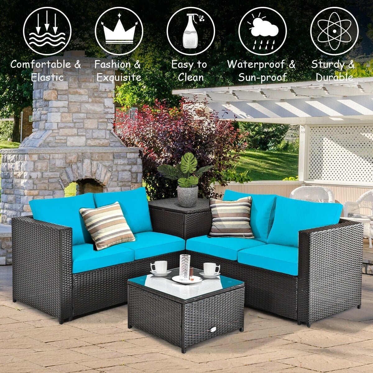 4 Piece Outdoor Rattan Set with Storage Corner Table, 2 Loveseats and Glass Coffee Table, Turquoise Cushions