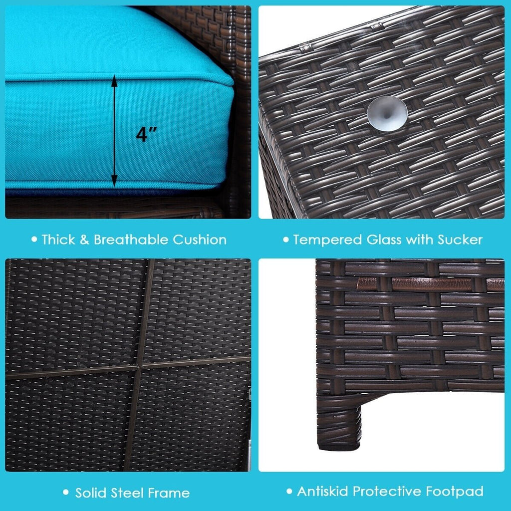4 Piece Outdoor Rattan Set with Storage Corner Table, 2 Loveseats and Glass Coffee Table, Turquoise Cushions