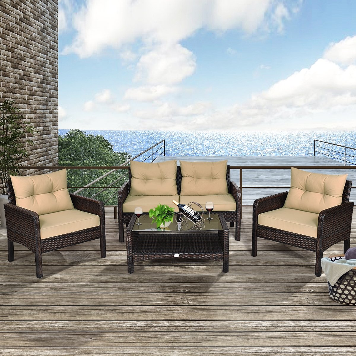 4 Piece Patio Rattan Free Combination Sofa Set, 52.5 in Loveseat, 2 Sofas and Two Tier Glass Coffee Table, Coffee Cushions