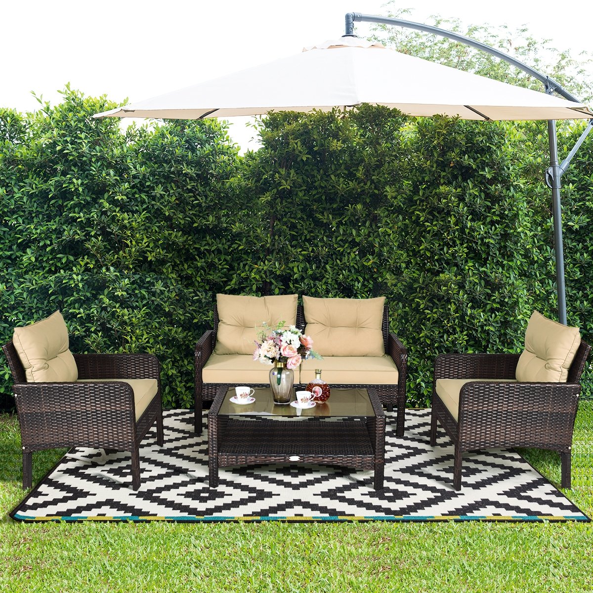 4 Piece Patio Rattan Free Combination Sofa Set, 52.5 in Loveseat, 2 Sofas and Two Tier Glass Coffee Table, Coffee Cushions