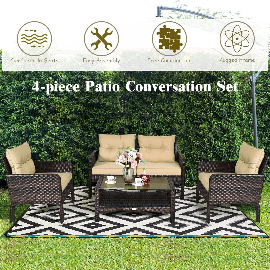 4 Piece Patio Rattan Free Combination Sofa Set, 52.5 in Loveseat, 2 Sofas and Two Tier Glass Coffee Table, Coffee Cushions