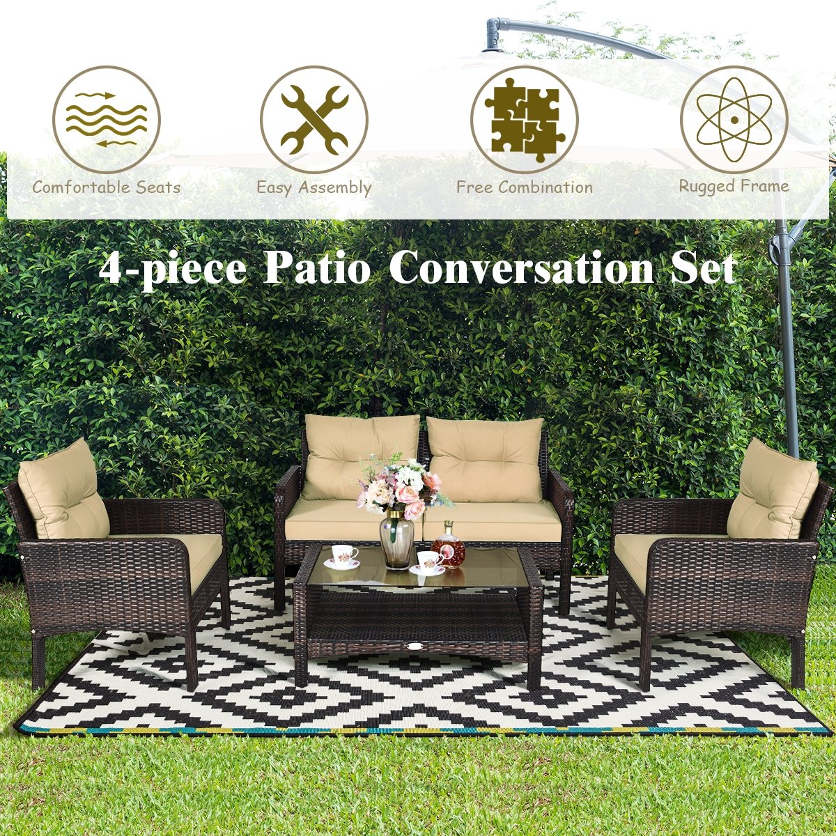 4 Piece Patio Rattan Free Combination Sofa Set, 52.5 in Loveseat, 2 Sofas and Two Tier Glass Coffee Table, Coffee Cushions