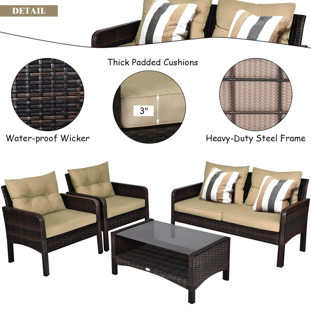4 Piece Patio Rattan Free Combination Sofa Set, 52.5 in Loveseat, 2 Sofas and Two Tier Glass Coffee Table, Coffee Cushions