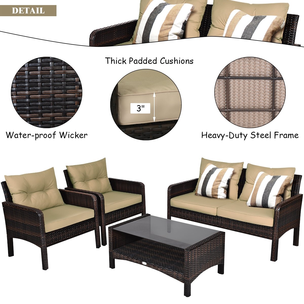 4 Piece Patio Rattan Free Combination Sofa Set, 52.5 in Loveseat, 2 Sofas and Two Tier Glass Coffee Table, Coffee Cushions