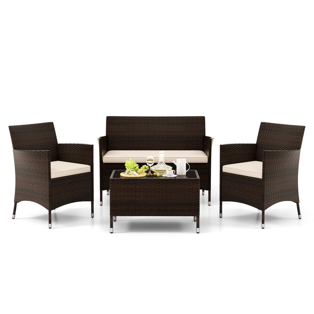4 Piece Outdoor Rattan Sofa Set, 41 in Loveseat, 2 Single Sofas and 27.5 in Tempered Glass Coffee Table, Beige Cushions