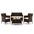 4 Piece Outdoor Rattan Sofa Set, 41 in Loveseat, 2 Single Sofas and 27.5 in Tempered Glass Coffee Table, Beige Cushions