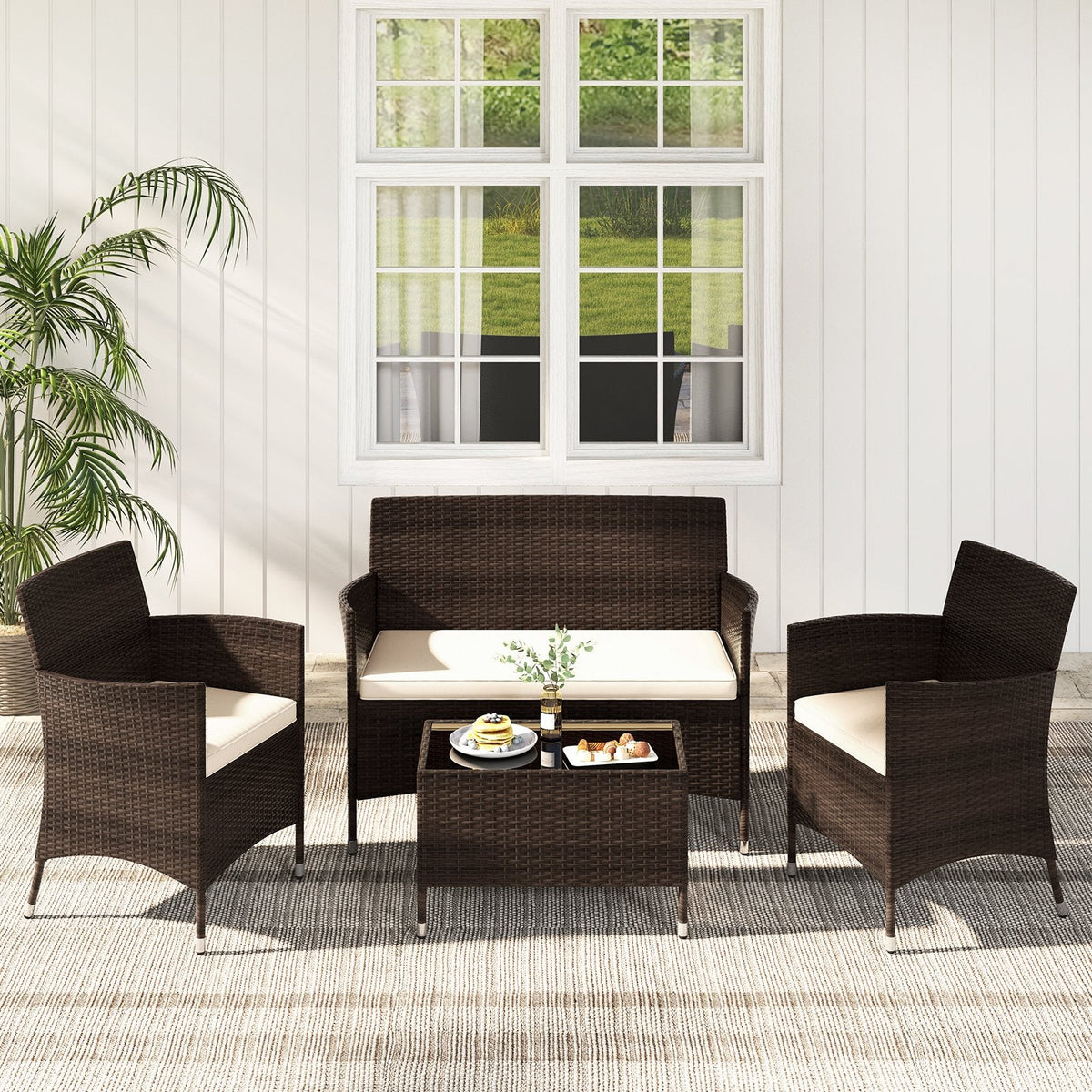 4 Piece Outdoor Rattan Sofa Set, 41 in Loveseat, 2 Single Sofas and 27.5 in Tempered Glass Coffee Table, Beige Cushions