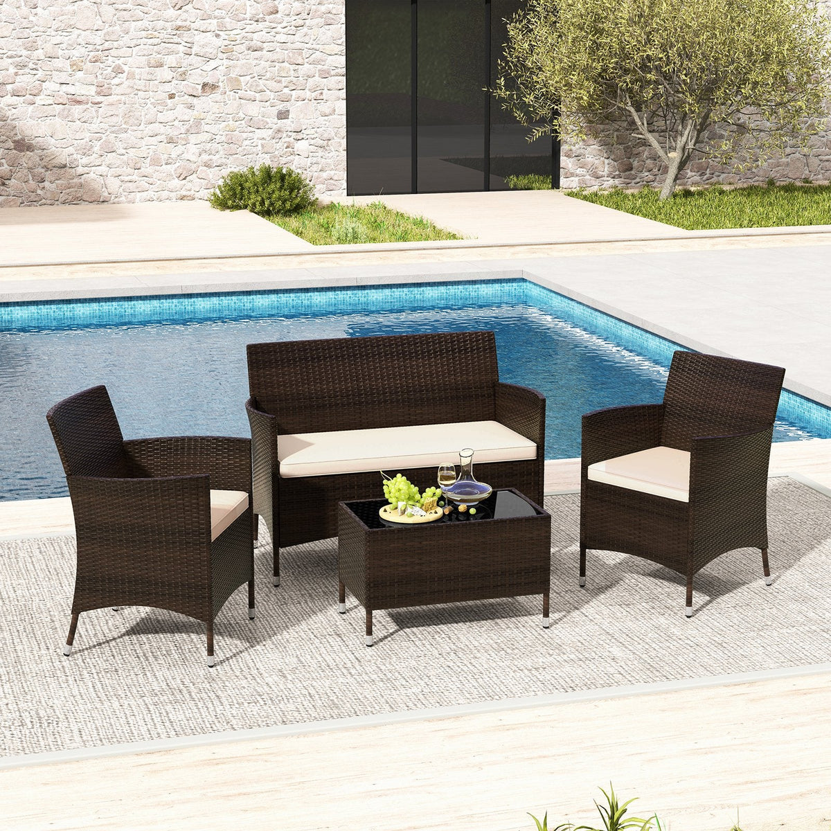4 Piece Outdoor Rattan Sofa Set, 41 in Loveseat, 2 Single Sofas and 27.5 in Tempered Glass Coffee Table, Beige Cushions