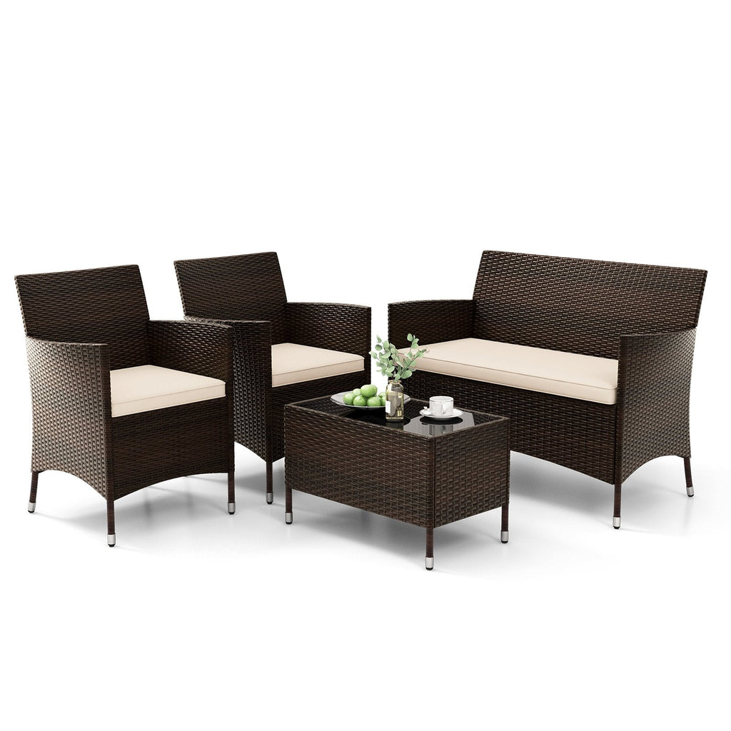 4 Piece Outdoor Rattan Sofa Set, 41 in Loveseat, 2 Single Sofas and 27.5 in Tempered Glass Coffee Table, Beige Cushions