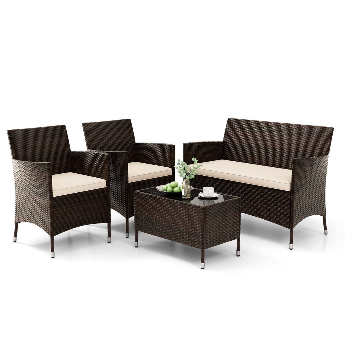 4 Piece Outdoor Rattan Sofa Set, 41 in Loveseat, 2 Single Sofas and 27.5 in Tempered Glass Coffee Table, Beige Cushions