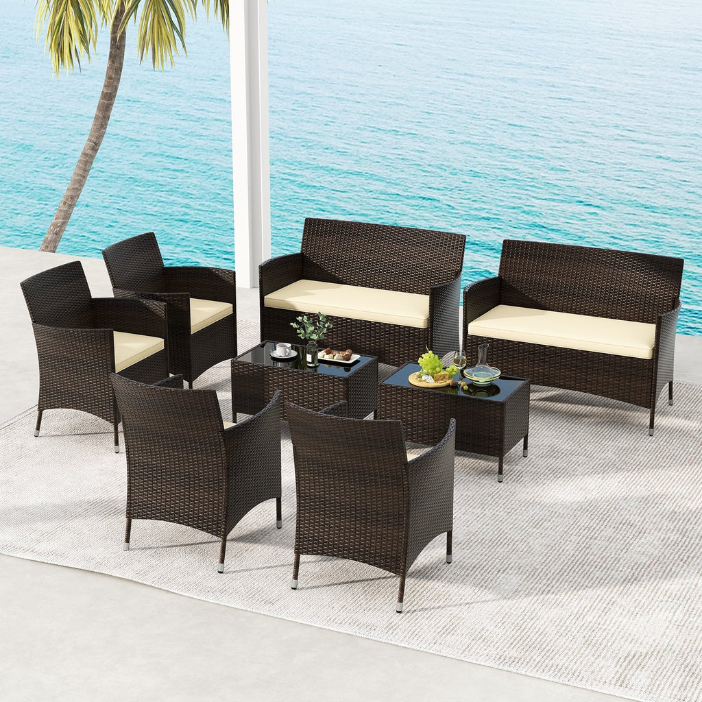 4 Piece Outdoor Rattan Sofa Set, 41 in Loveseat, 2 Single Sofas and 27.5 in Tempered Glass Coffee Table, Beige Cushions