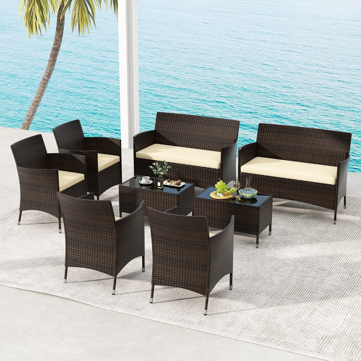 4 Piece Outdoor Rattan Sofa Set, 41 in Loveseat, 2 Single Sofas and 27.5 in Tempered Glass Coffee Table, Beige Cushions
