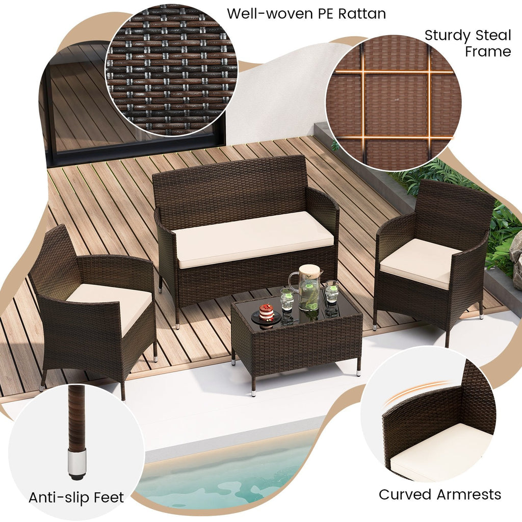 4 Piece Outdoor Rattan Sofa Set, 41 in Loveseat, 2 Single Sofas and 27.5 in Tempered Glass Coffee Table, Beige Cushions
