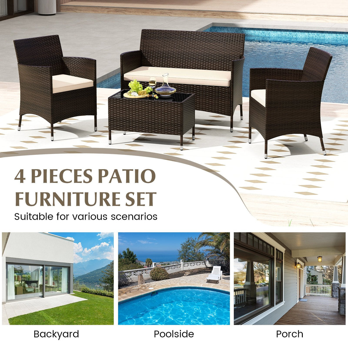 4 Piece Outdoor Rattan Sofa Set, 41 in Loveseat, 2 Single Sofas and 27.5 in Tempered Glass Coffee Table, Beige Cushions