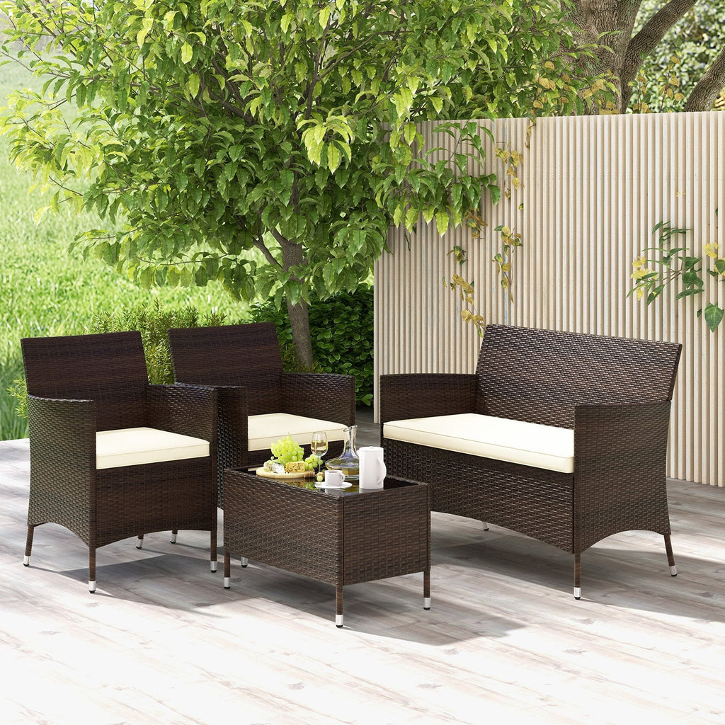 4 Piece Outdoor Rattan Sofa Set, 41 in Loveseat, 2 Single Sofas and 27.5 in Tempered Glass Coffee Table, Beige Cushions