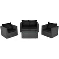 4 Piece Patio Rattan Conversation Set, Black Wicker Loveseat Rated 700 lb, 2 Single Sofas Rated 350 lb, Black Cushions and Glass Top Table