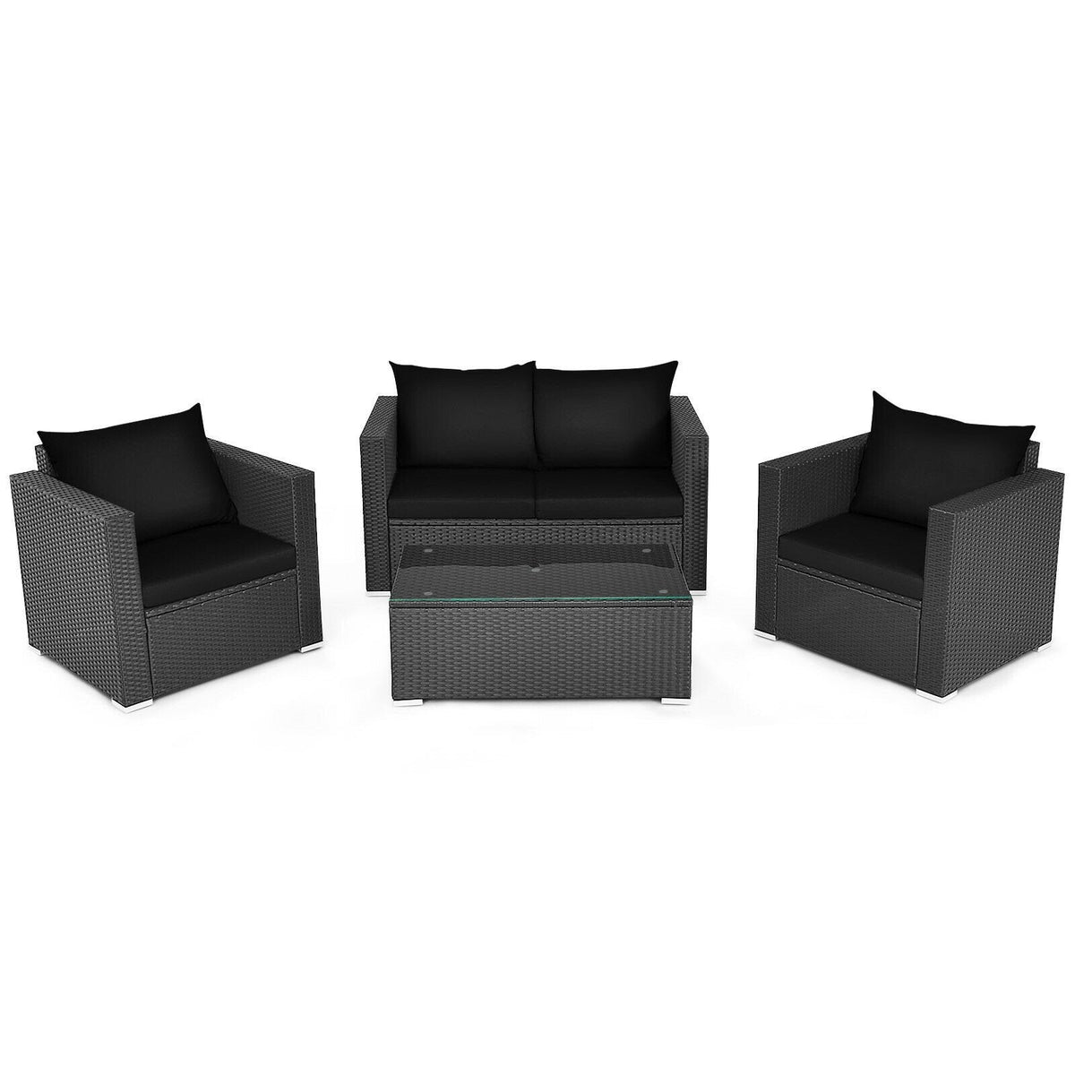 4 Piece Patio Rattan Conversation Set, Black Wicker Loveseat Rated 700 lb, 2 Single Sofas Rated 350 lb, Black Cushions and Glass Top Table
