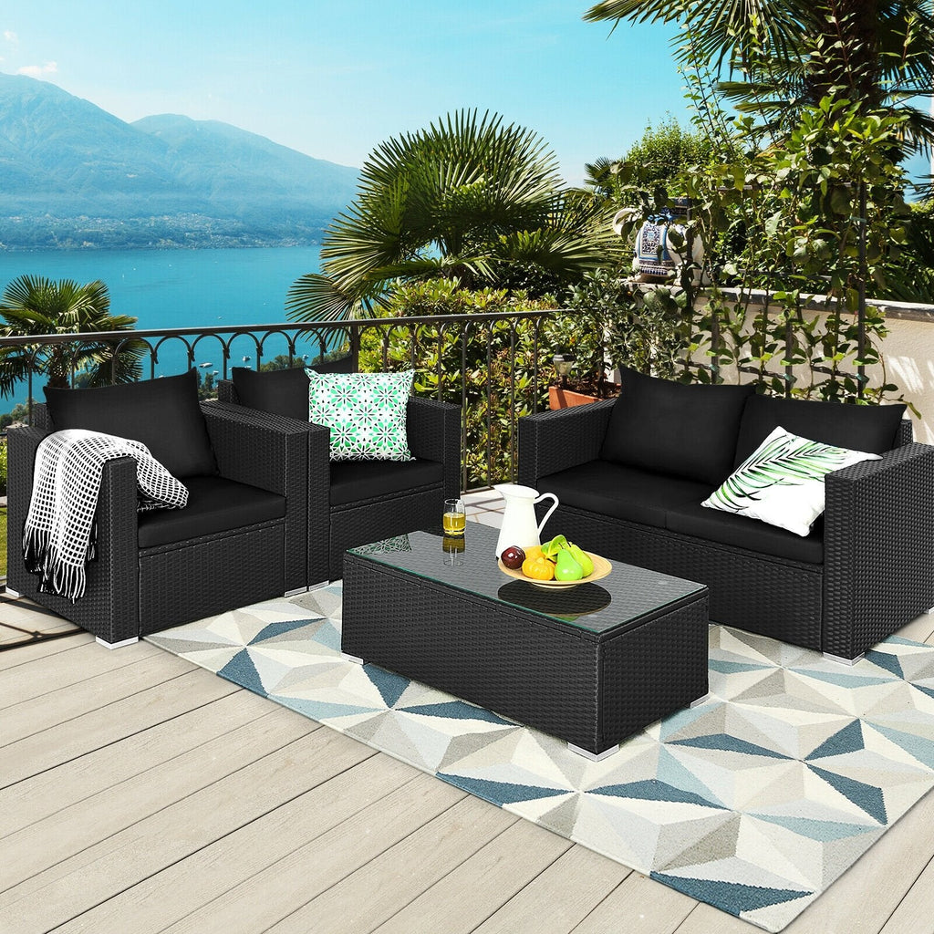 4 Piece Patio Rattan Conversation Set, Black Wicker Loveseat Rated 700 lb, 2 Single Sofas Rated 350 lb, Black Cushions and Glass Top Table