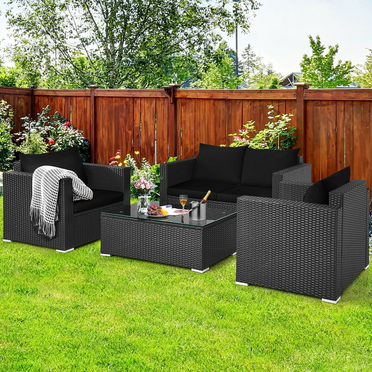 4 Piece Patio Rattan Conversation Set, Black Wicker Loveseat Rated 700 lb, 2 Single Sofas Rated 350 lb, Black Cushions and Glass Top Table