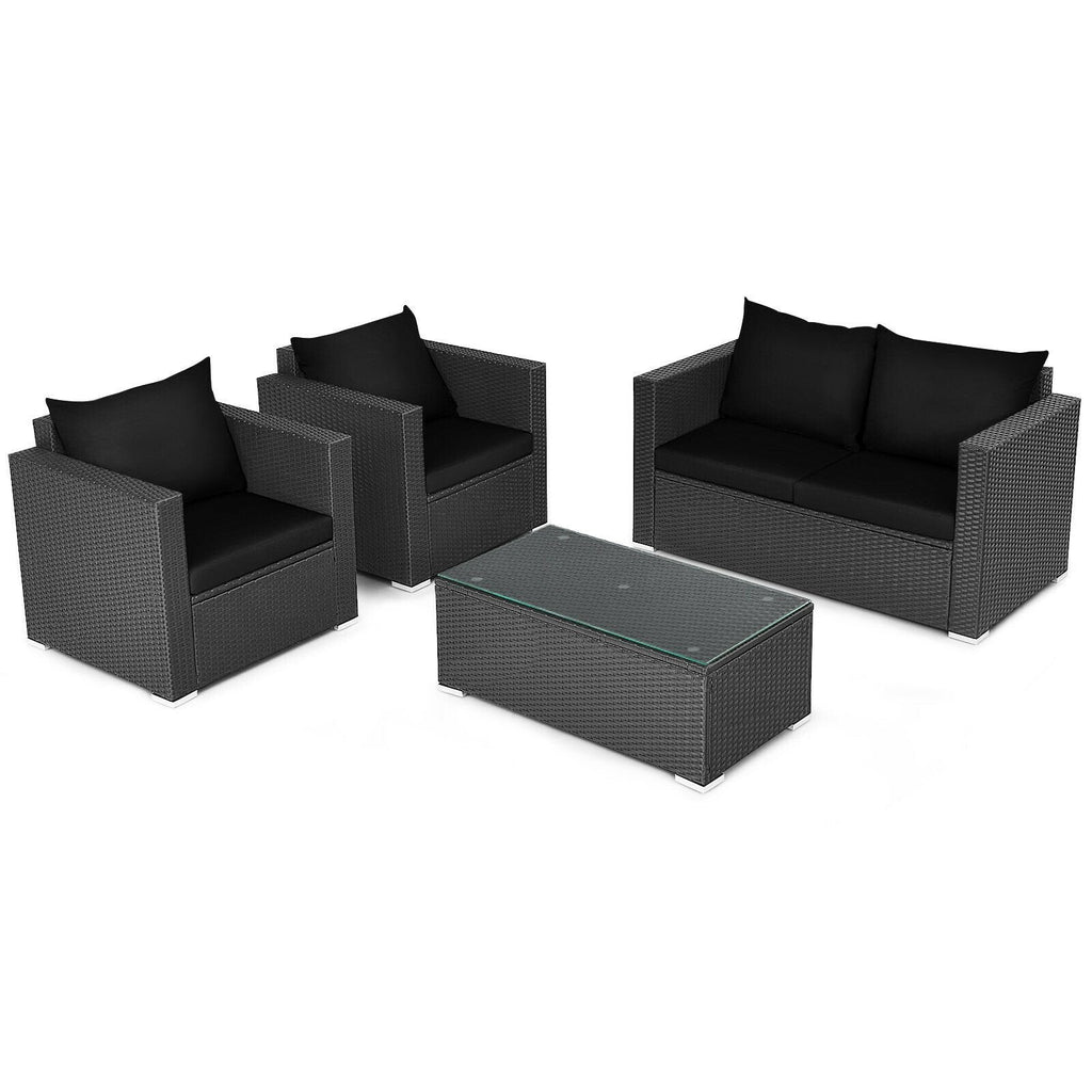 4 Piece Patio Rattan Conversation Set, Black Wicker Loveseat Rated 700 lb, 2 Single Sofas Rated 350 lb, Black Cushions and Glass Top Table