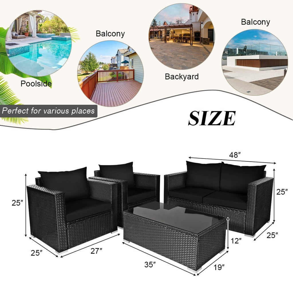 4 Piece Patio Rattan Conversation Set, Black Wicker Loveseat Rated 700 lb, 2 Single Sofas Rated 350 lb, Black Cushions and Glass Top Table