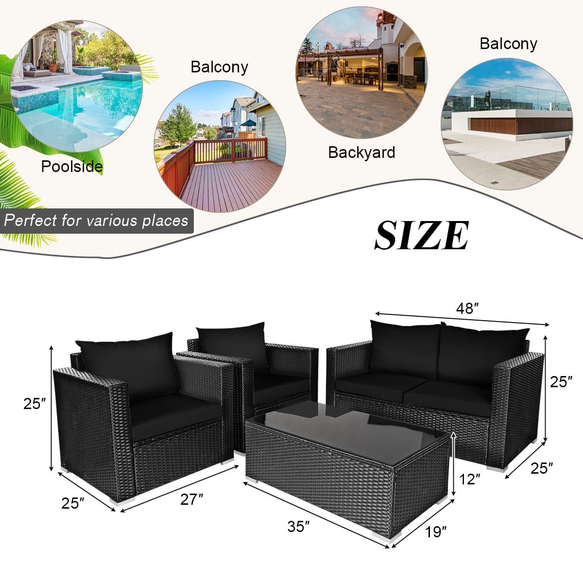 4 Piece Patio Rattan Conversation Set, Black Wicker Loveseat Rated 700 lb, 2 Single Sofas Rated 350 lb, Black Cushions and Glass Top Table