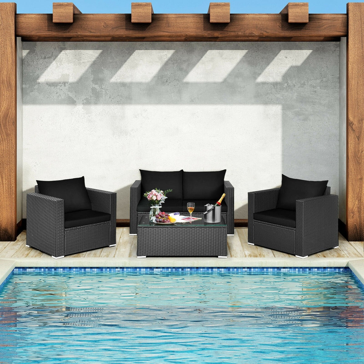 4 Piece Patio Rattan Conversation Set, Black Wicker Loveseat Rated 700 lb, 2 Single Sofas Rated 350 lb, Black Cushions and Glass Top Table