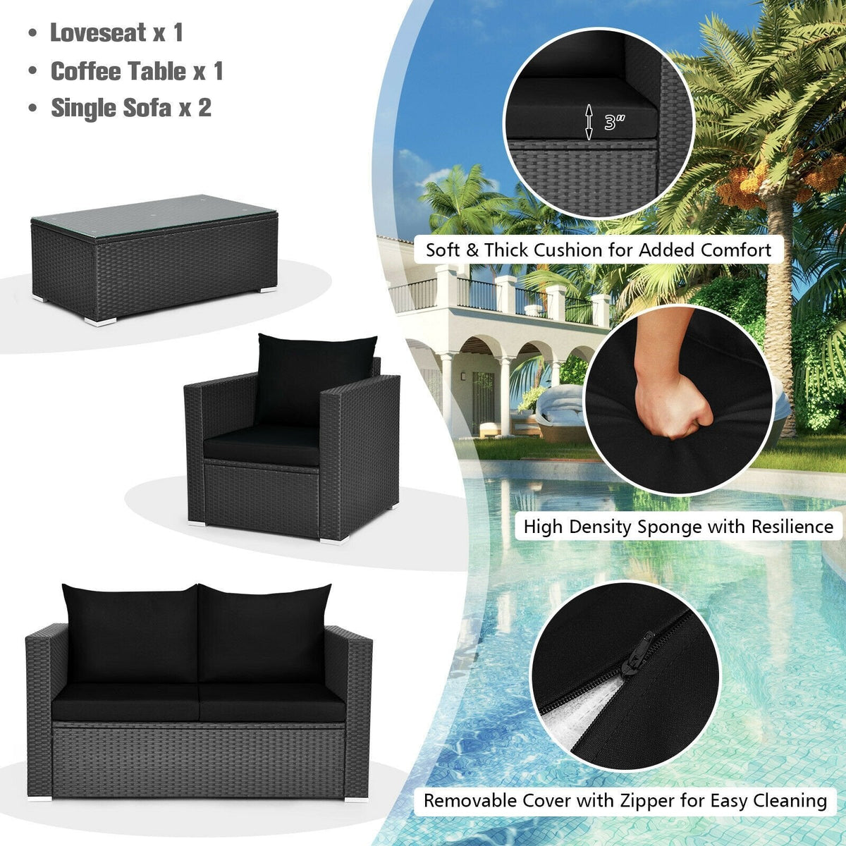 4 Piece Patio Rattan Conversation Set, Black Wicker Loveseat Rated 700 lb, 2 Single Sofas Rated 350 lb, Black Cushions and Glass Top Table