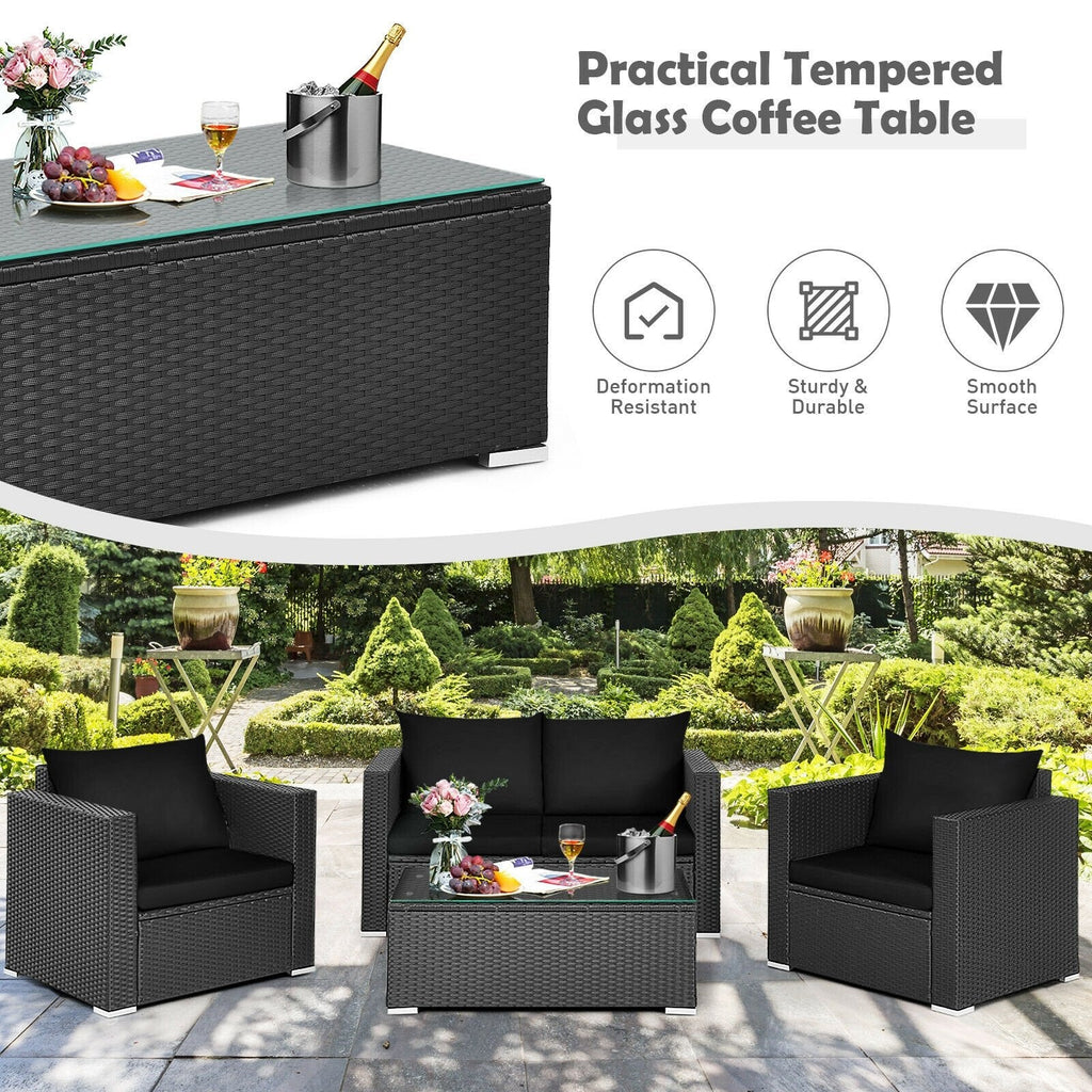 4 Piece Patio Rattan Conversation Set, Black Wicker Loveseat Rated 700 lb, 2 Single Sofas Rated 350 lb, Black Cushions and Glass Top Table