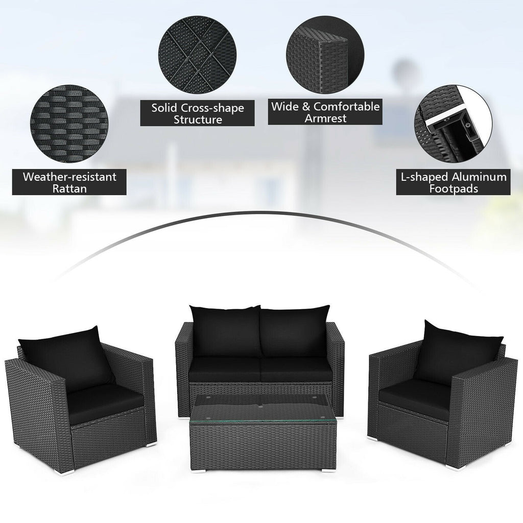 4 Piece Patio Rattan Conversation Set, Black Wicker Loveseat Rated 700 lb, 2 Single Sofas Rated 350 lb, Black Cushions and Glass Top Table