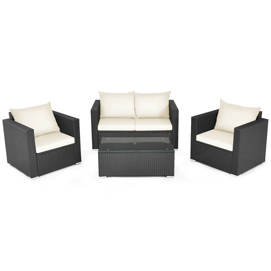 4 Piece Deep Seat Rattan Patio Conversation Set with Glass Coffee Table, Off White