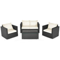 4 Piece Deep Seat Rattan Patio Conversation Set with Glass Coffee Table, Off White